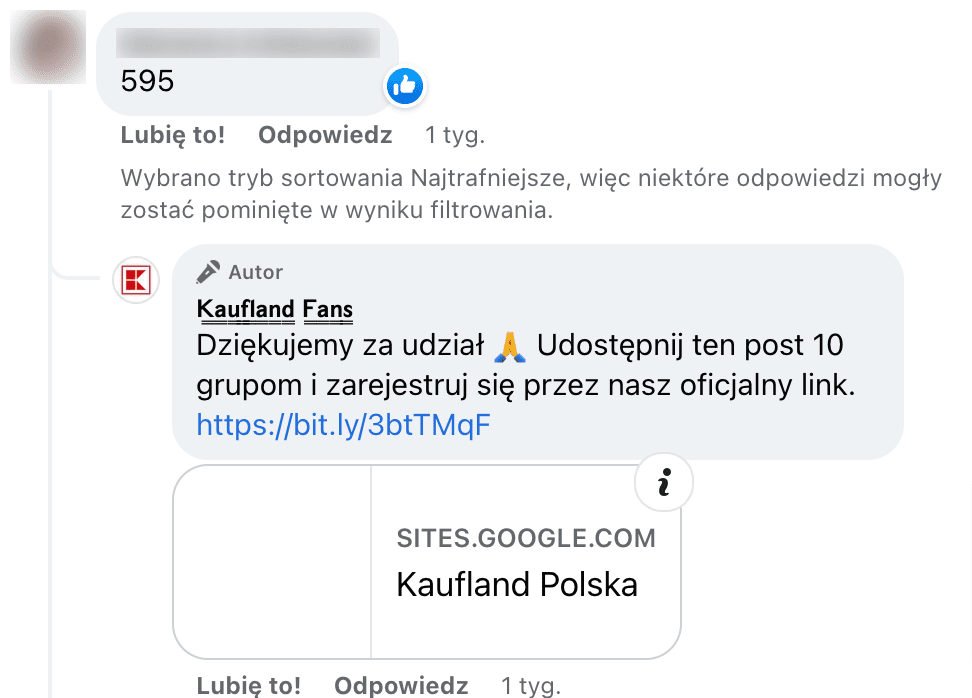 Zrzut ekranu przedstawiający komentarz pod postem o rzekomym konkursie. Odpowiedź profilu Kaufland Fans na konkursowy komentarz jednego z użytkowników brzmi: „Dziękujemy za udział. Udostępnij ten post 10 grupom i zarejestruj się przez nasz oficjalny link”. 