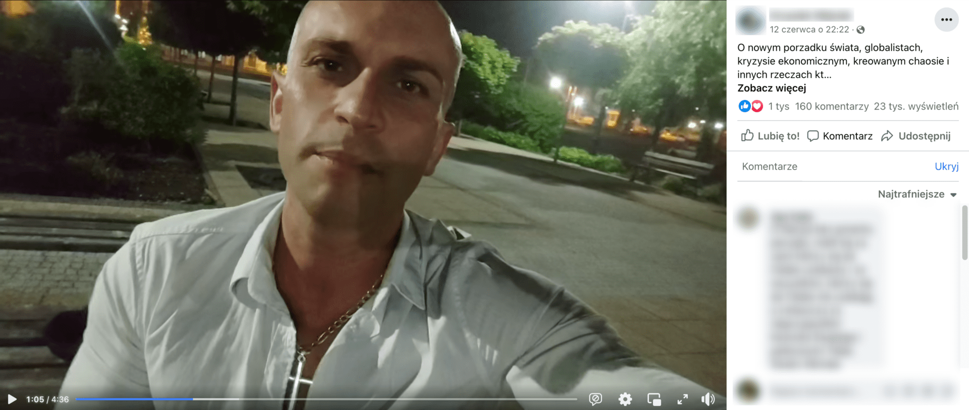 Zrzut ekranu z posta na Facebooku. Na nagraniu zamieszczonym we wpisie widoczny jest łysy mężczyzna w białej koszuli, z krzyżem na szyi. 