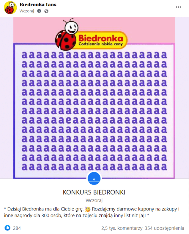 Zrzut ekranu posta na Facebooku, w którym poinformowano o rzekomym konkursie sklepów Biedronka.