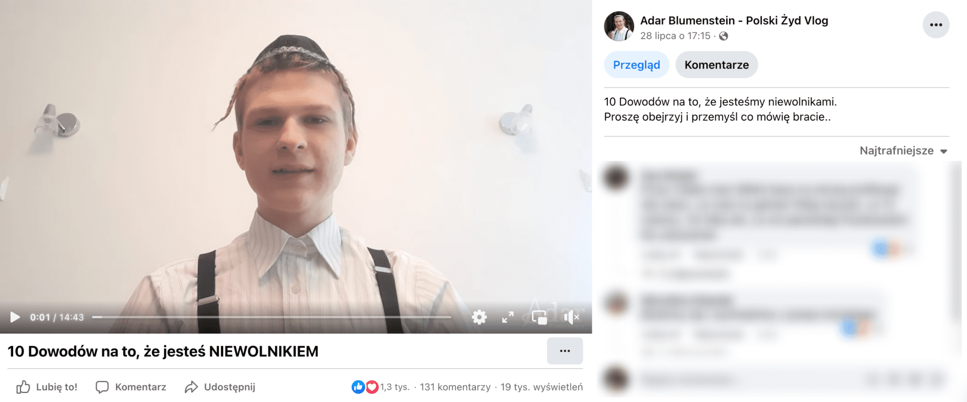 Zrzut ekranu z posta na Facebooku, w którym zamieszczono omawiany film. Wpis zdobył ponad 1,3 tys. reakcji, ponad 130 komentarzy. Wyświetlono go ponad 19 tys. razy.