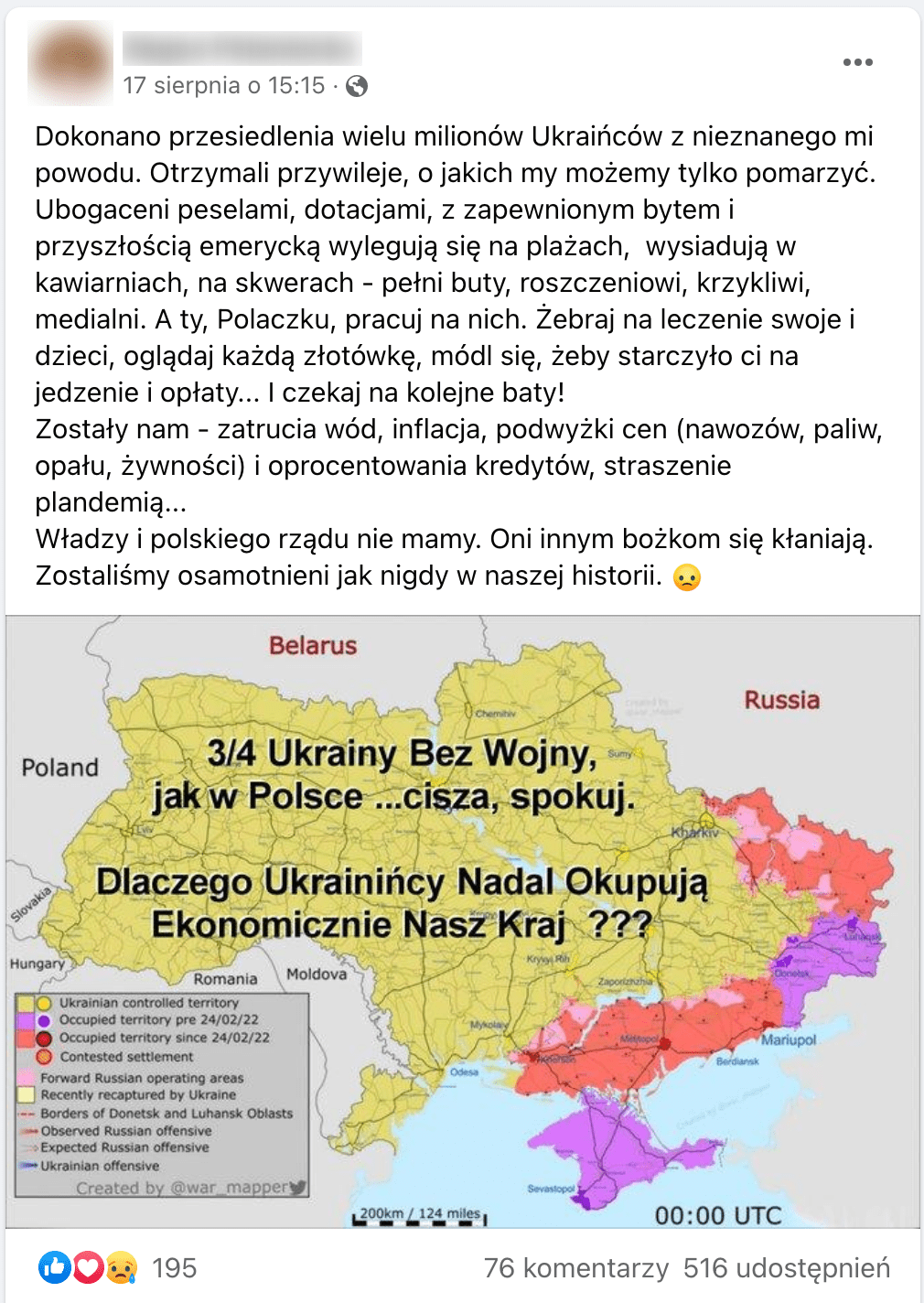 Zrzut ekranu posta na Facebooku. Został on zilustrowany mapą, na której zaznaczono okupowane części Ukrainy, miejsca sporne czy kierunki ofensywy ukraińskiej i rosyjskiej.