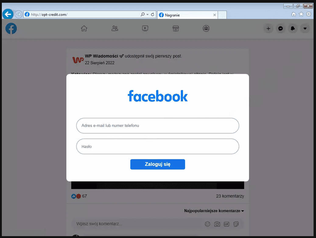 Zrzut ekranu, na którym widać stronę przypominającą profil na Facebooku z informacją o koniecznym logowaniu.