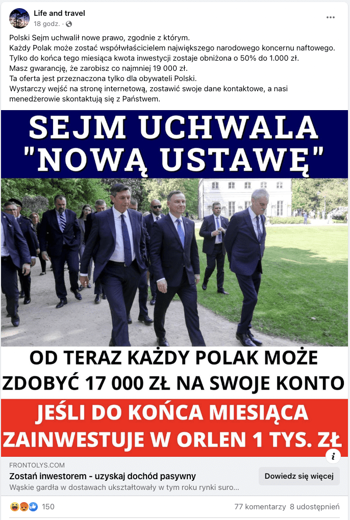 Zrzut ekranu z Facebooka. Do posta dołączono zdjęcie, na którym widać grupę mężczyzn. Pośród nich znajduje się prezydent Andrzej Duda.