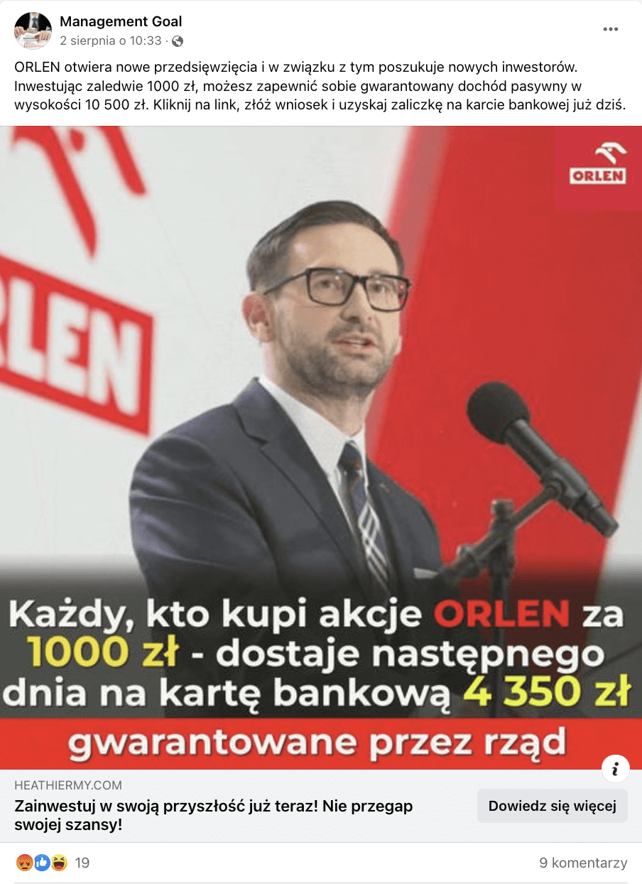 Zrzut ekranu z Facebooka. Do postu dołączono zdjęcie, na którym widać m.in. Daniela Obajtka.