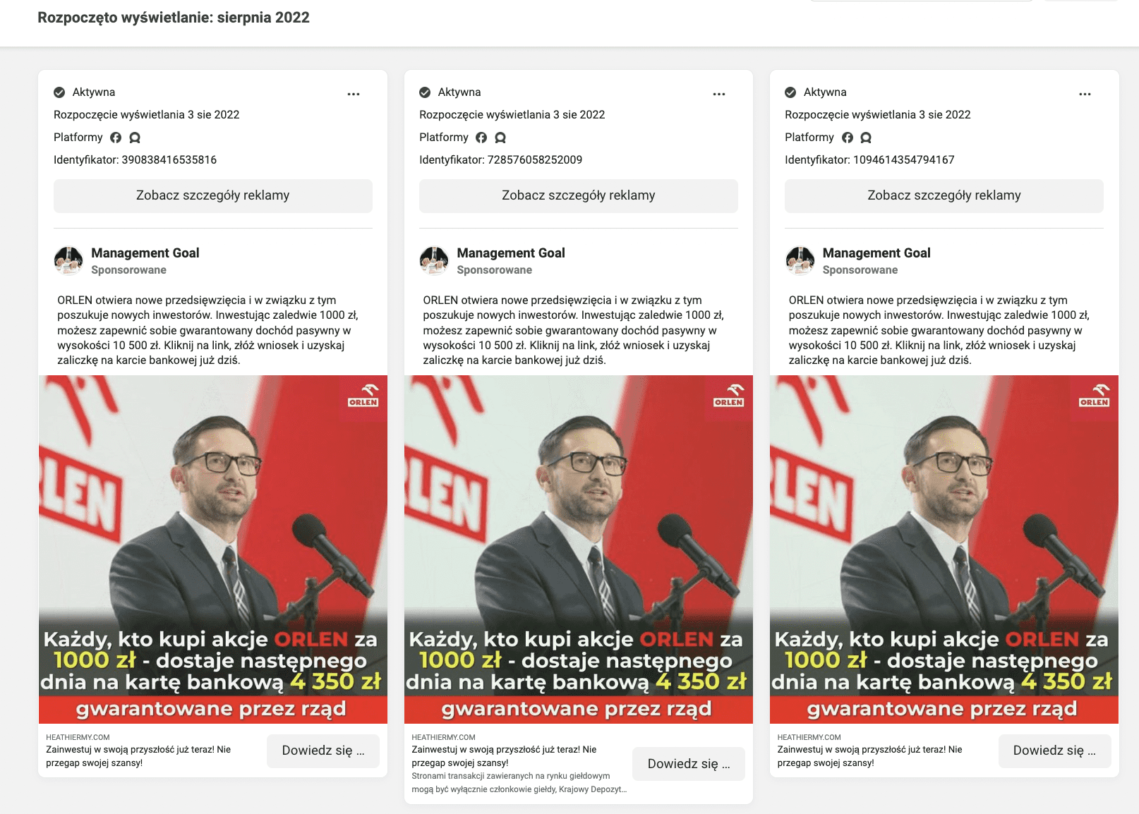 Zrzut ekranu z Facebooka. Na obrazku widzimy trzy posty, które mają aktywne reklamy. Do każdego z nich dołączono 