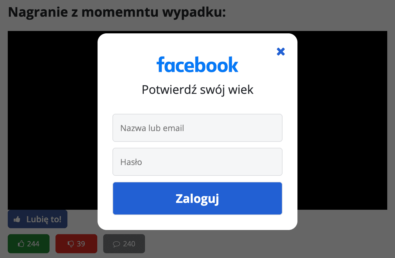 Zrzut ekranu ze strony, do której odsyłają posty. Widoczny jest napis „potwierdź swój wiek” i miejsce na wpisanie nazwy lub emaila (z Facebooka) oraz hasła.