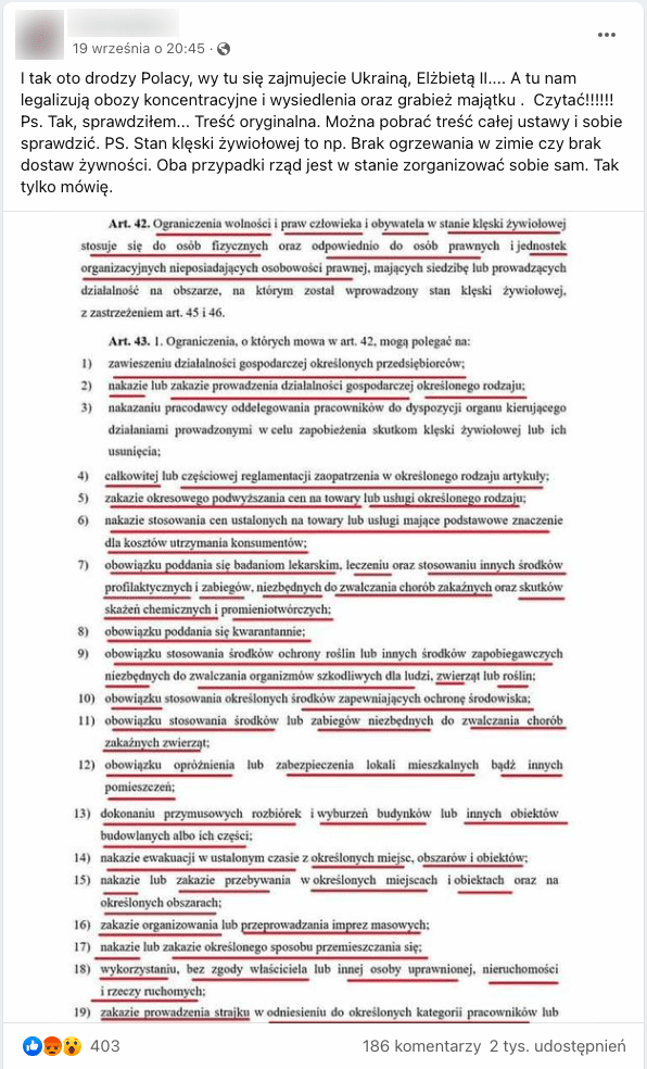 Wpis na Facebooku zawierający zrzut ekranu przedstawiający fragment projektu ustawy o ochronie ludności oraz o stanie klęski żywiołowej. Fragmenty dokumentu zostały podkreślone na czerwono