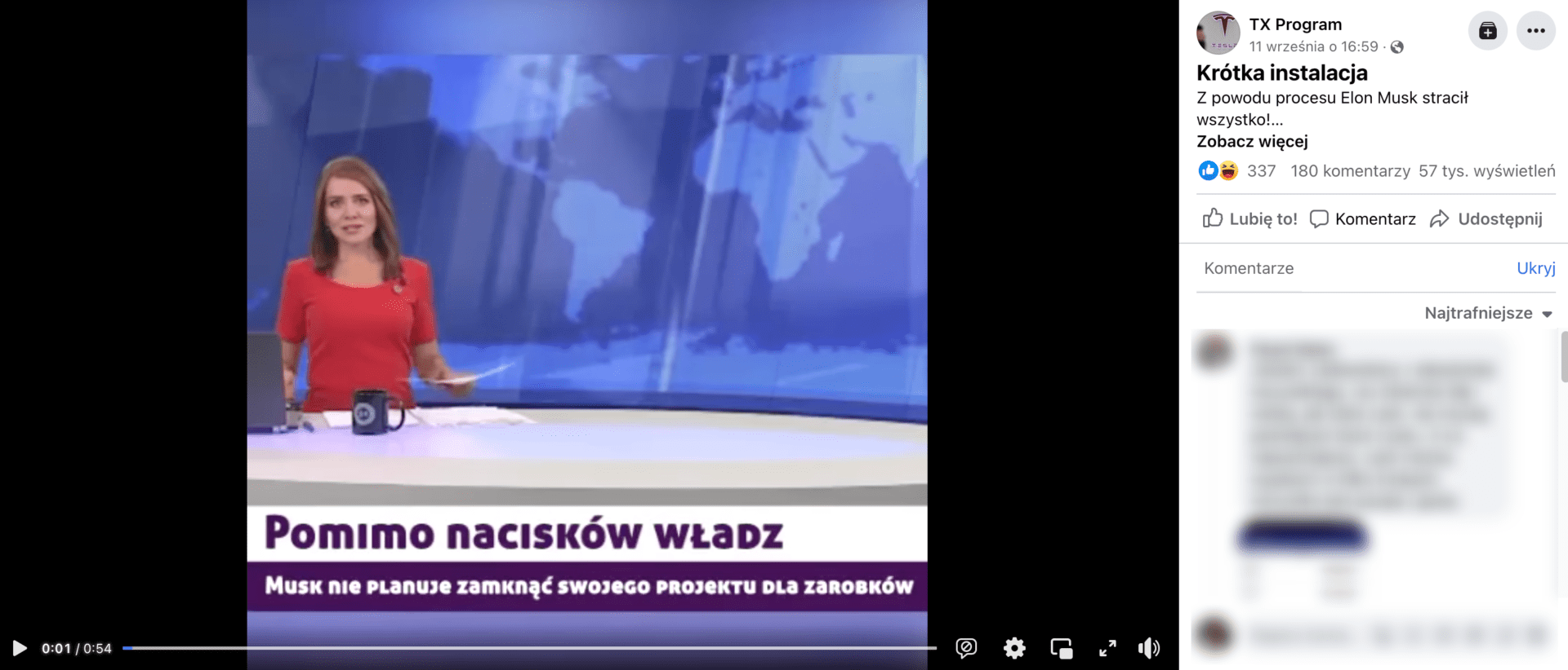 Zrzut ekranu z posta na Facebooku, w którym udostępniono nagranie. Wpis zdobył ponad 330 reakcji, 180 komentarzy i ponad 57 tys. wyświetleń.