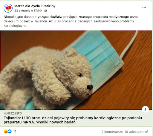 Wpis na Facebooku prowadzący do tekstu na stronie Marsz.info. Grafika dołączona do wpisu przedstawia małego pluszowego misia leżącego na maseczce położonej na drewnianym blacie.