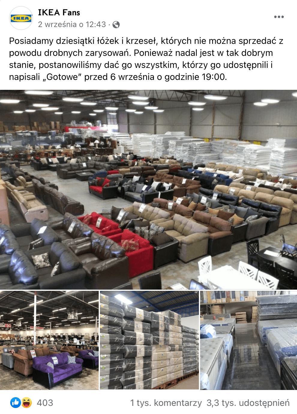 Zrzut ekranu z posta na Facebooku, w którym ogłoszono rzekomą akcję. Wpis zdobył ponad 400 reakcji, ponad tysiąc komentarzy i ponad 3,3 tys. udostępnień.