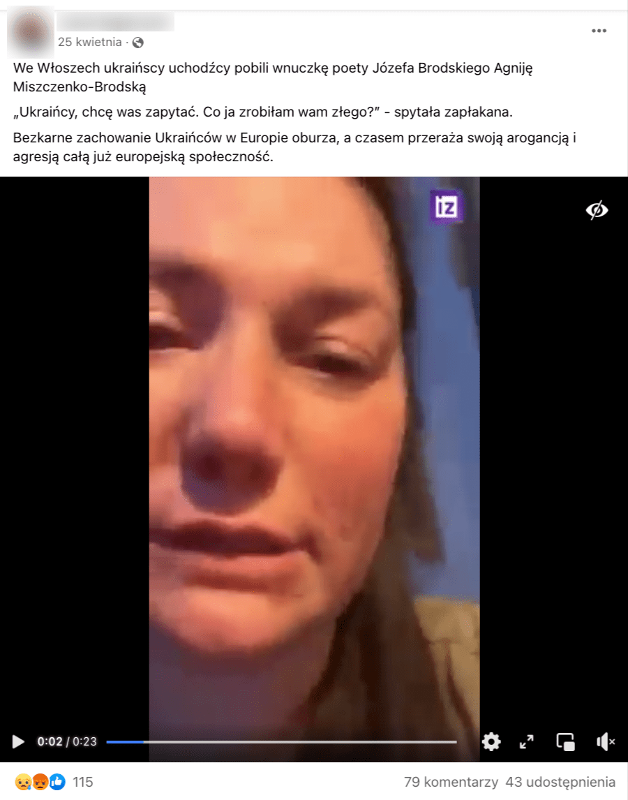 Zrzut ekranu z Facebooka. Na zdjęciu widzimy kobietę.