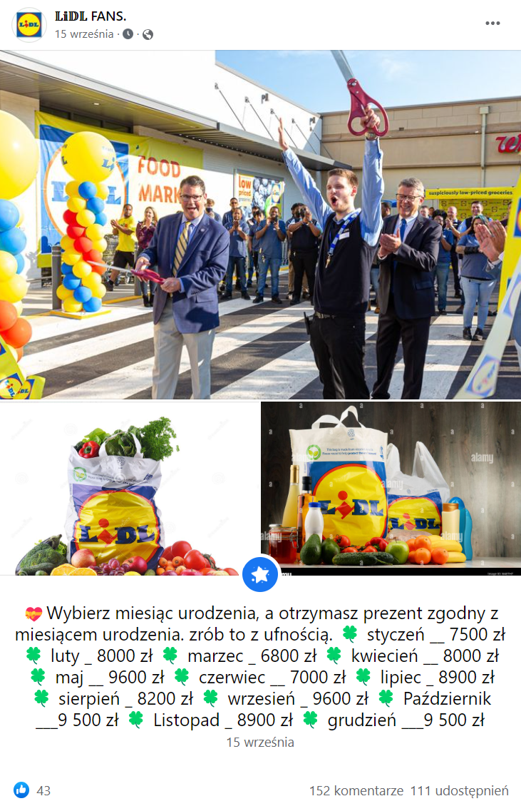 Zrzut ekranu wpisu na Facebooku, w którym strona podszywająca się pod Lidla zaoferowała możliwość uzyskania kilku tysięcy złotych za bardzo prostą aktywność polegającą na podaniu miesiąca urodzenia.