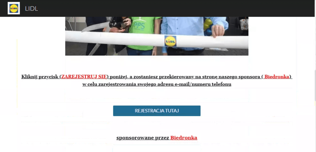 Zrzut ekranu ze strony, która podszywa się pod Lidl – znajduje się tam przycisk do formularza rejestracyjnego w wydarzeniu.