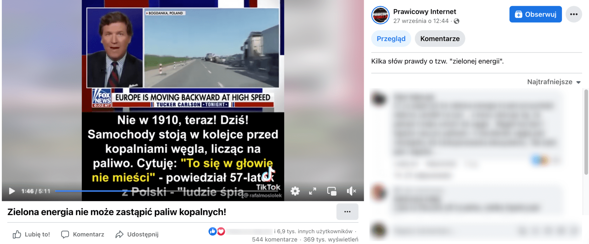 Zrzut ekranu z posta, w którym zamieszczono nagranie. Widoczny jest mężczyzna w studiu telewizyjnym oraz kolejka samochodów stojących na drodze.