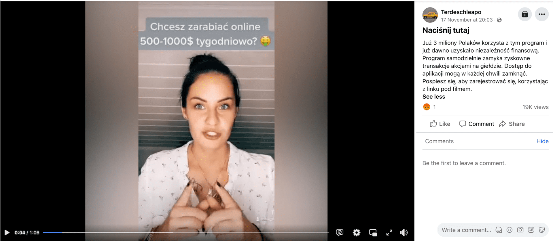 Zrzut ekranu z jednego z omawianych filmów. Na nagraniu młoda kobieta zwraca się do oglądających. W opisie informacje o 3 milionach Polaków, którzy korzystają z aplikacji oraz  zachęta do kliknięcia w link.