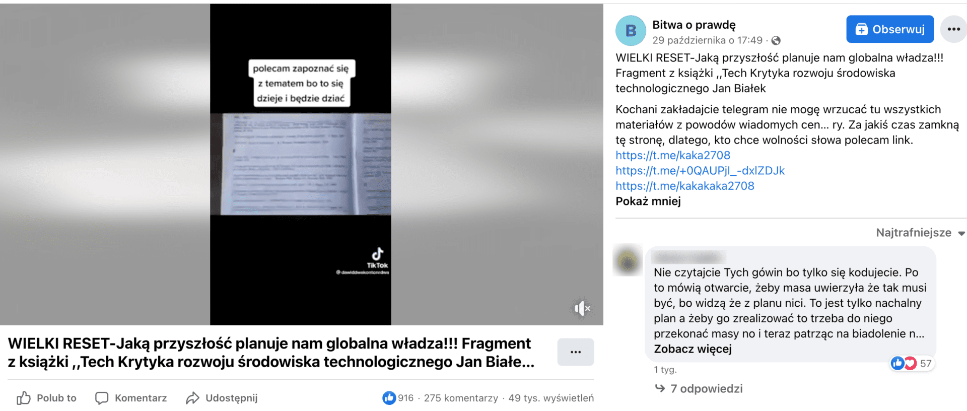 Zrzut ekranu posta na Facebooku. W kadrze filmu widzimy otwartą książkę.
