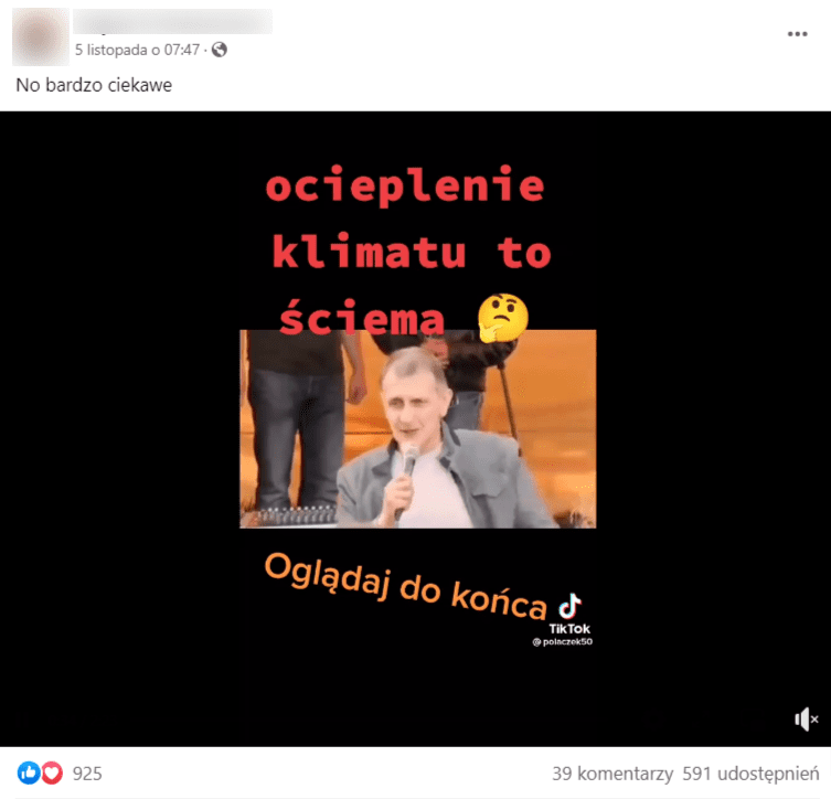 Zrzut ekranu posta z Facebooka o treści „No bardzo ciekawe” zawierającego film z napisem: „ocieplenie klimatu to ściema. Oglądaj do końca”.