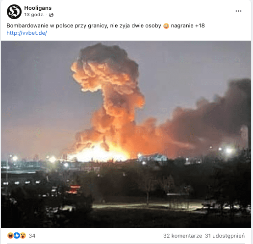 Post zawierający fotografię wybuchu, rzekomo zrobioną w trakcie eksplozji w Przewodowie.
