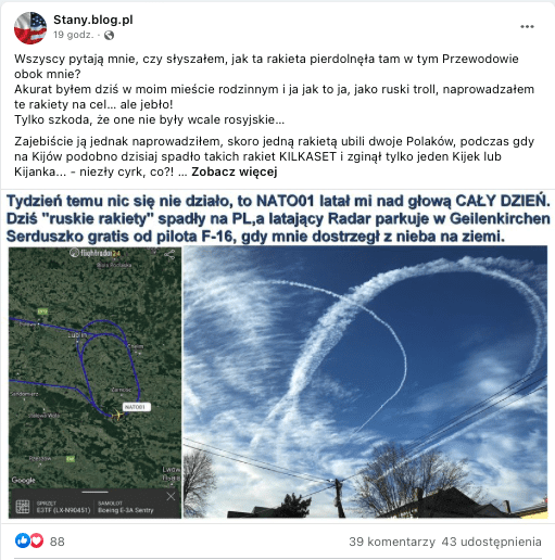Wpis na Facebooku zawierający teorię spiskową o eksplozji w Przewodowie. Do wpisu dołączone są dwie fotografie. Jedna przedstawia niebo i smugi kondensacyjne, druga z kolei pokazuje ścieżkę lotu w aplikacji FlightRadar24