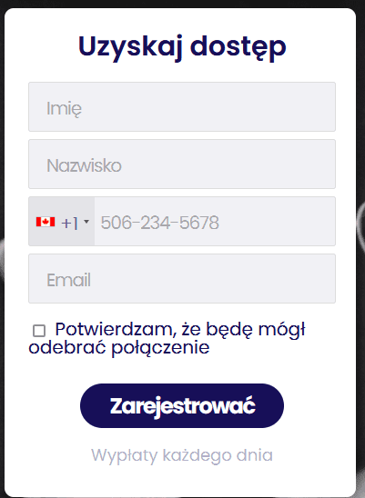 Formularz rejestracyjny na oszukańczej stronie.