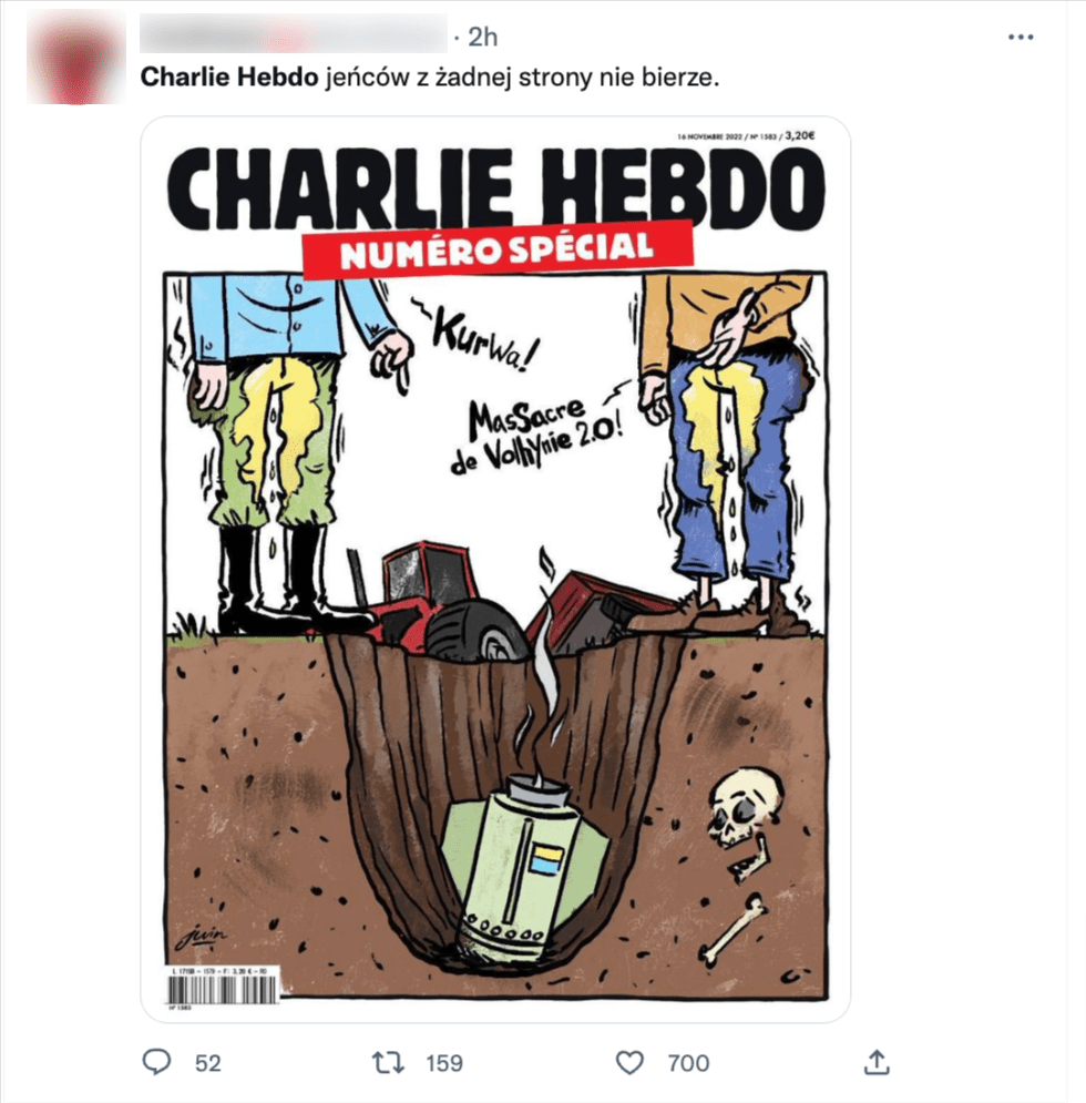 Zrzut z serwisu Twitter. Na zdjęciu widzimy okładkę magazynu Charlie Hebdo.