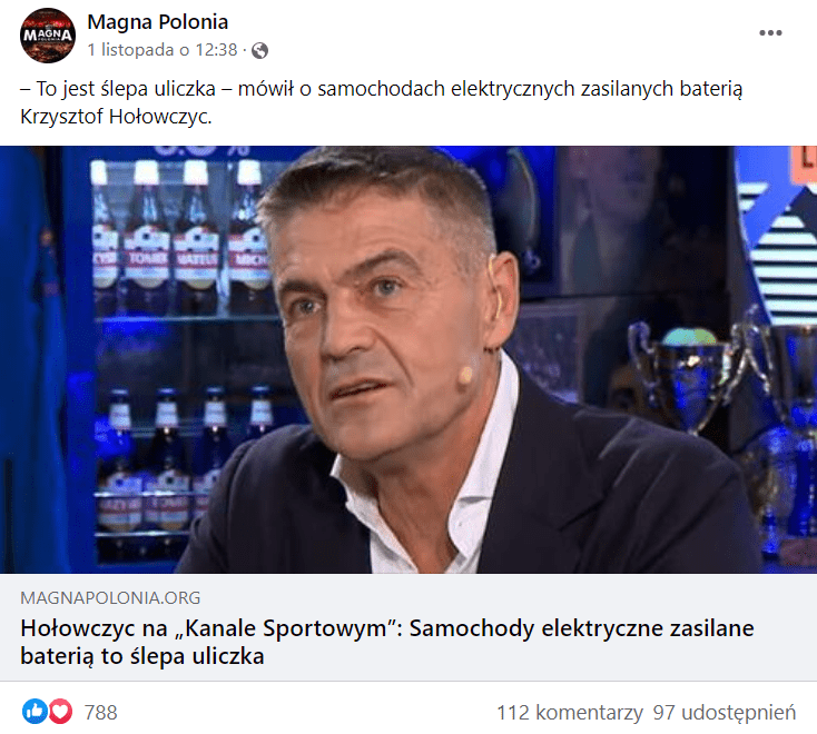 Zrzut ekranu posta na Facebooku o treści: To jest ślepa uliczka — mówił o samochodach elektrycznych zasilanych baterią Krzysztof Hołowczyc. Zawiera zrzut ekranu ze zdjęciem Krzysztofa Hołowczyca.