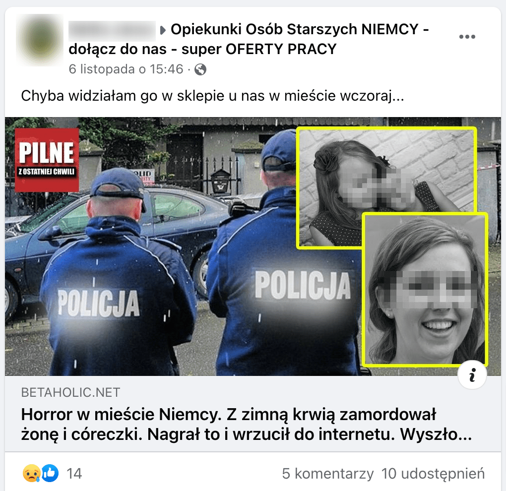 Zrzut ekranu posta na Facebooku. Udostępniono go na grupie dotyczącej ofert pracy dla opiekunek osób starszych w Niemczech.