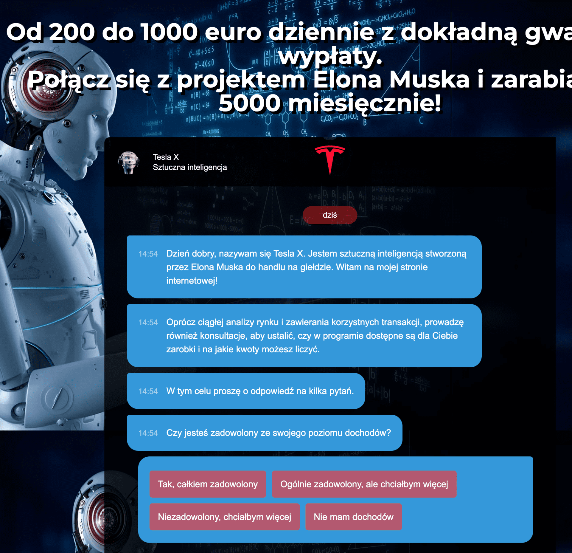 Zrzut ekranu ze strony oszustów. Widoczny jest robot w białym kolorze oraz opisane treści pytań.