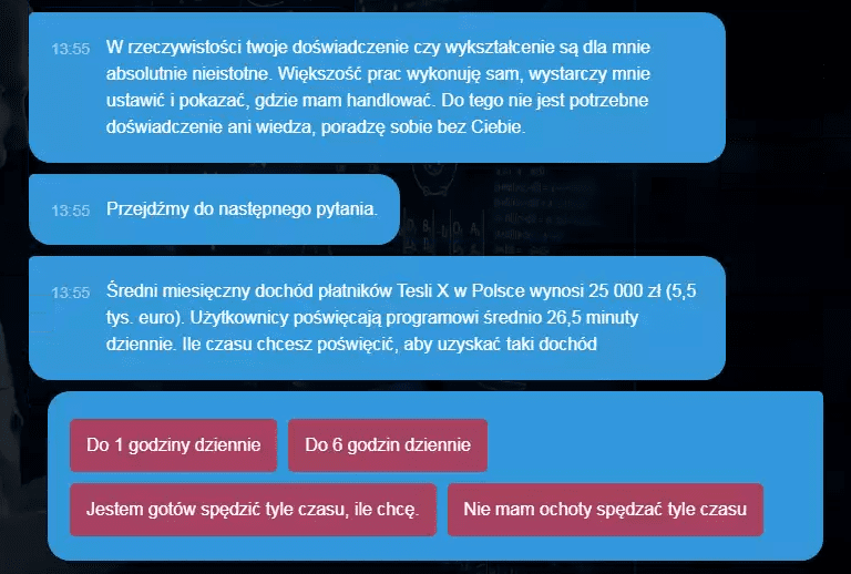 Zrzut ekranu ze strony oszustów. Widoczna jest informacja, że doświadczenie i wykształcenie nie mają znaczenia w kwestii udziału w programie.