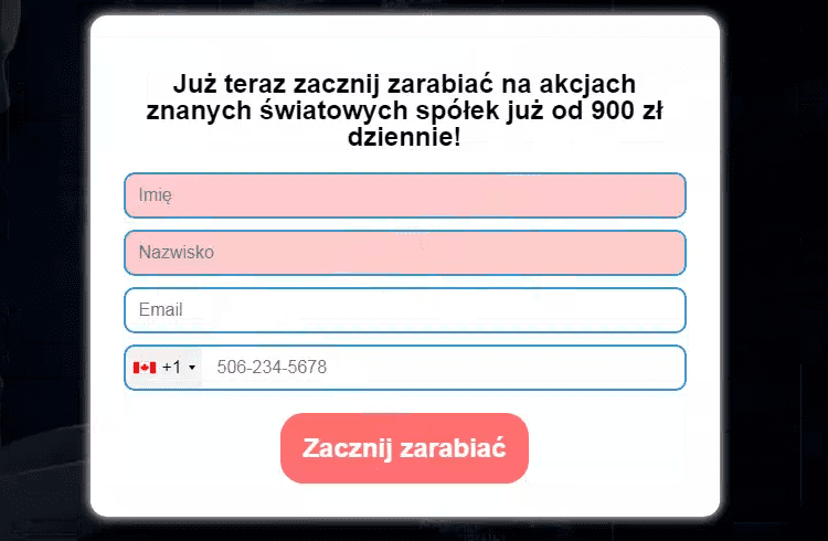 Zrzut ekranu ze strony oszustów. Widoczny jest formularz do wpisania swoich danych osobowych.