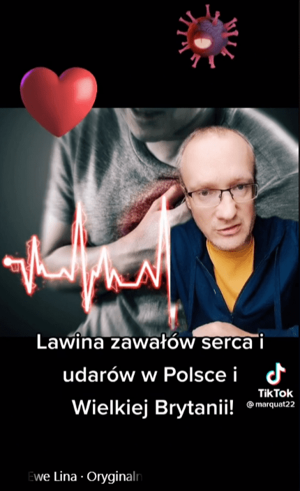 Zrzut ekranu z nagrania zamieszczonego w Reelsach na Facebooku, na którym widać mężczyznę w okularach opowiadającego o lawinie udarów i zawałów w Polsce i Wielkiej Brytanii.