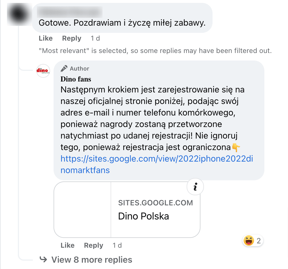 Zrzut ekranu z komentarza. Oszuści publikują link do strony internetowej zachęcając do rejestracji.