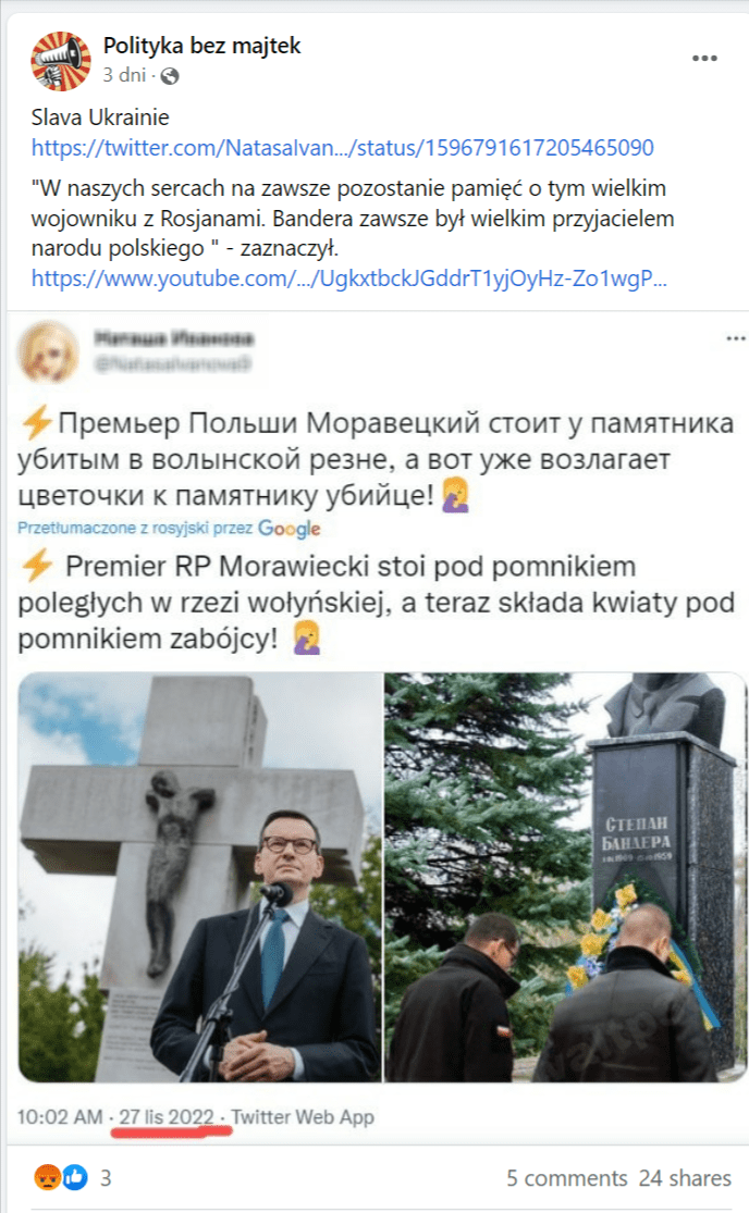 Zrzut ekranu z posta na Facebooku, w którym udostępniono fałszywą wypowiedź Mateusza Morawieckiego i przerobione zdjęcie. Data wykonania zrzutu: 1.12.2022.