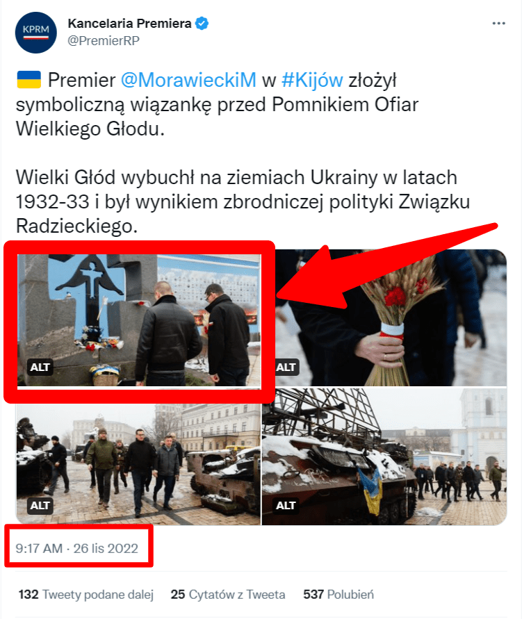 Zrzut ekranu posta na Twitterze Kancelaria Premiera. Data wykonania zrzutu: 1.12.2022.