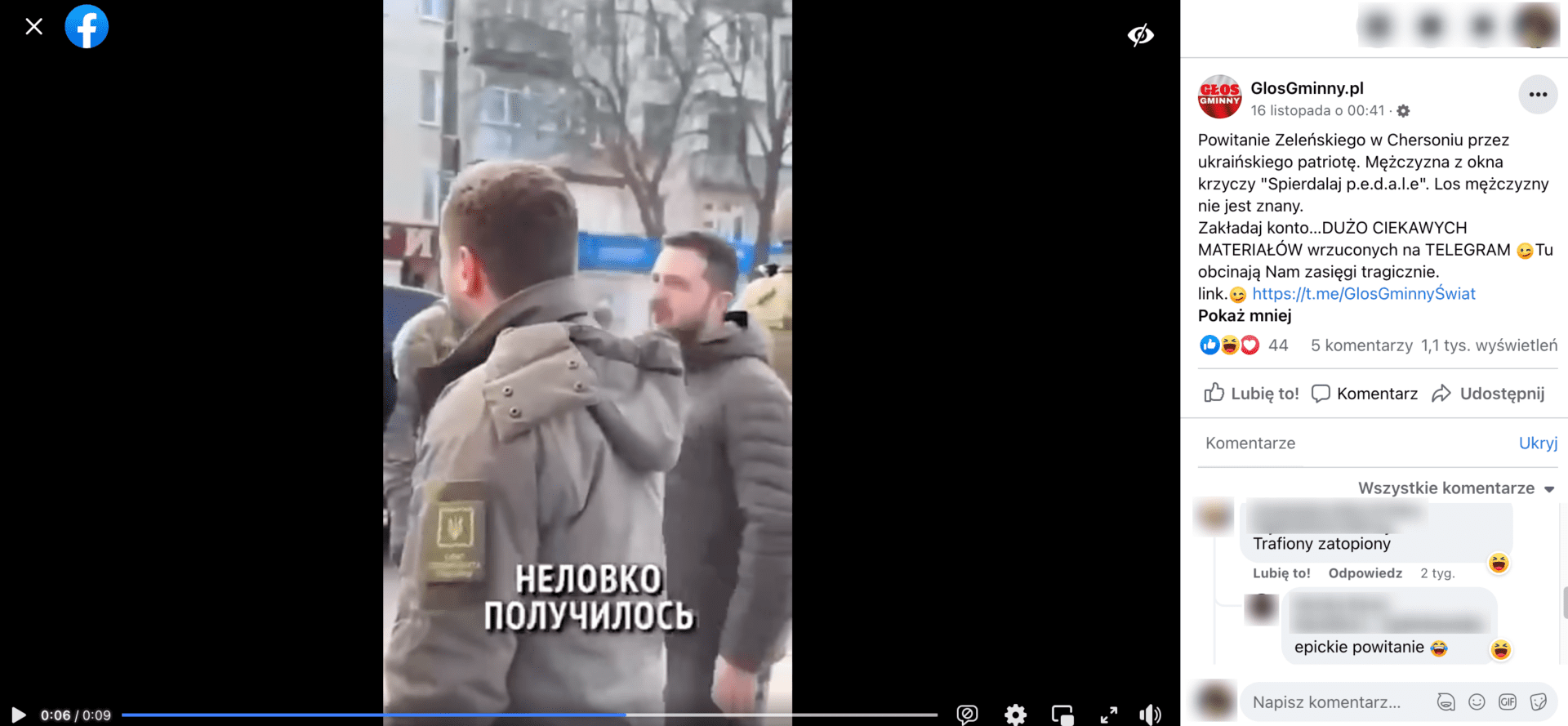 Zrzut ekranu posta, w którym zamieszczono przerobiony film. Widoczne są komentarze o treści: „trafiony zatopiony” i „epickie powitanie”.