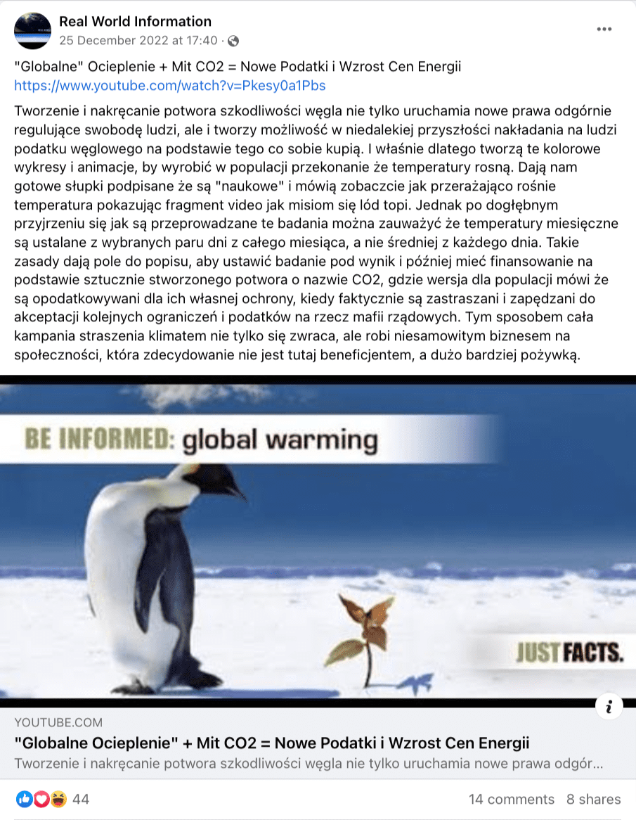 Zrzut ekranu posta na Facebooku. Autor zamieszcza link do filmu. Na miniaturce pingwin patrzy w stronę rośliny, która wyrosła ze śniegu.
