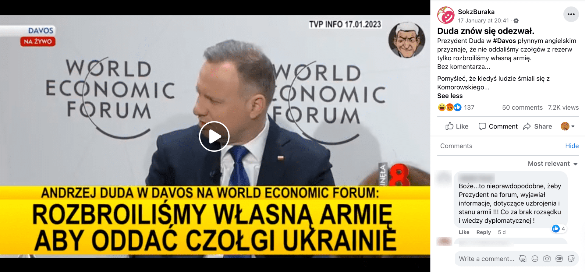 Zrzut ekranu posta na Facebooku. Na nagraniu Andrzej Duda wypowiada się na temat sprzętu wojskowego. Na ekranie nałożony szeroki żółty pasek informacyjny. 