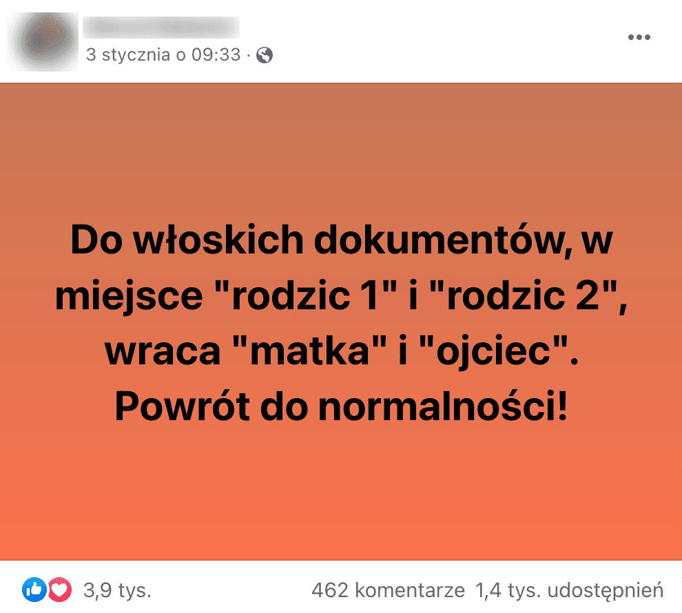 Zrzut ekranu analizowanego posta na Facebooku z informacją, że do włoskich dokumentów wracają określenie „matka” i „ojciec” zamiast „rodzic 1” i „rodzic 2”.