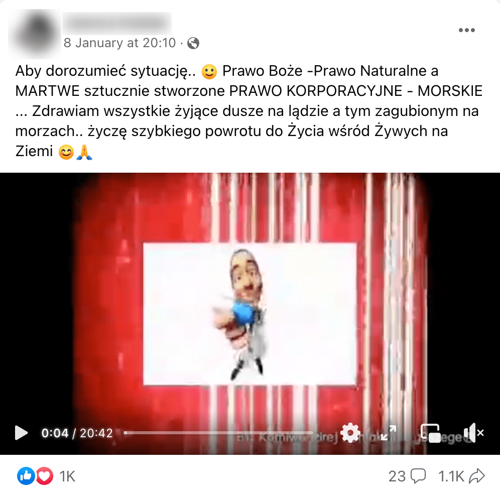 Zrzut ekranu posta na Facebooku. Film w bardzo słabej rozdzielczości, widać animowaną postać. Podpis zachęcający do odrzucenia obowiązującego porządku świata. 