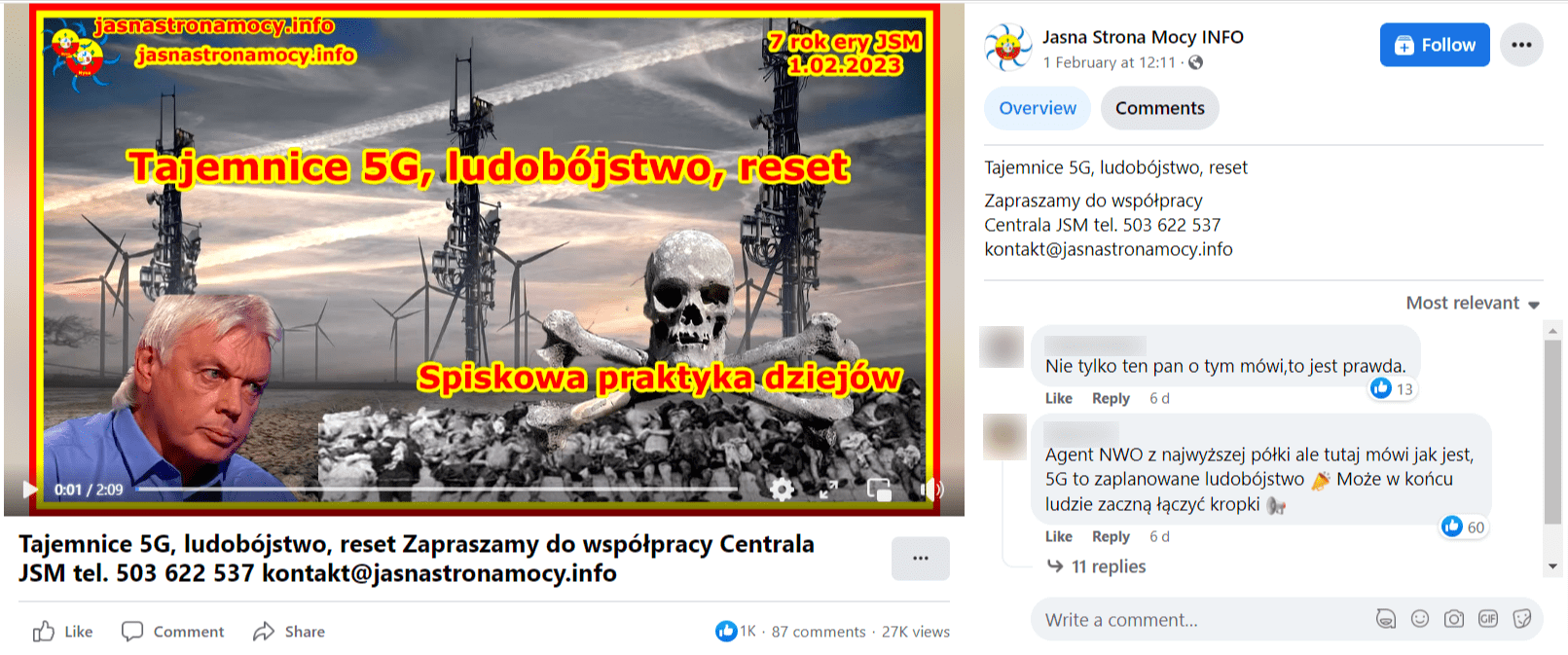 Zrzut ekranu posta na Facebooku. Na nagraniu widzimy wypowiadającego się eksperta, obok ludzkie szczątki. W tle anteny sieci telekomunikacyjnych, wiatraki oraz smugi po przelocie samolotów. W opisie zaproszenie do współpracy z profilem.