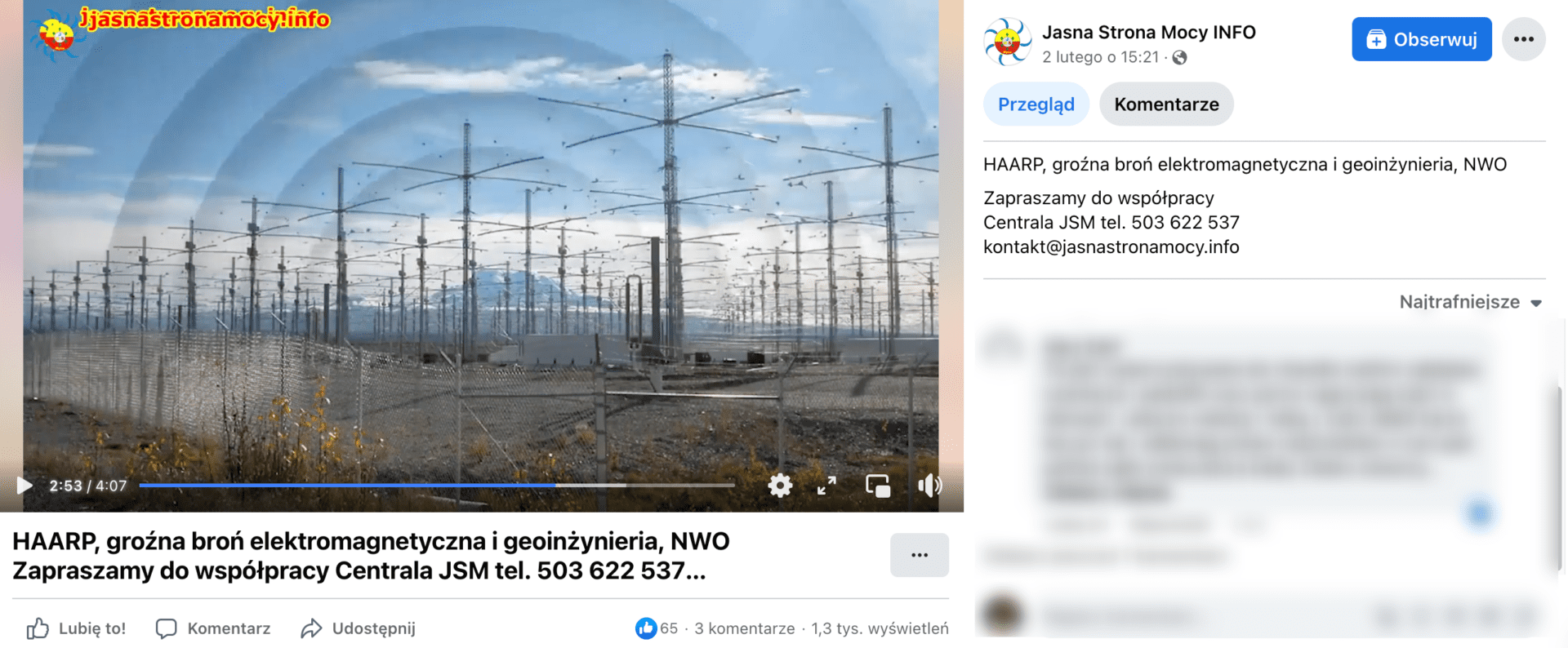 Zrzut ekranu posta, w którym zamieszczono omawiane nagranie. Widoczne są anteny Wpis zdobył ponad 60 reakcji i 3 komentarze.