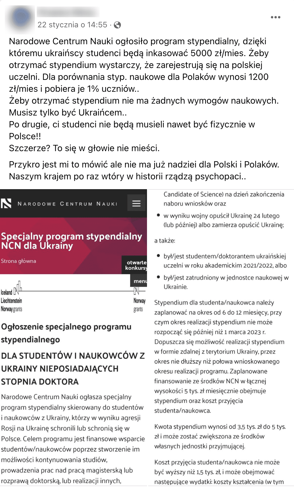 Zrzut ekranu posta na Facebooku na temat stypendium dla osób z Ukrainy. Widoczne są zrzuty ekranu ze strony Narodowego Centrum Nauki.