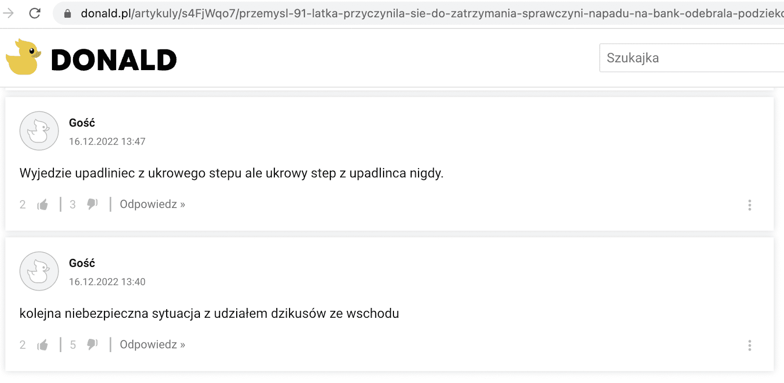 Zrzut ekranu z serwisu Donald.pl. W komentarzach czytamy treści nienawistne wobec Ukraińców.