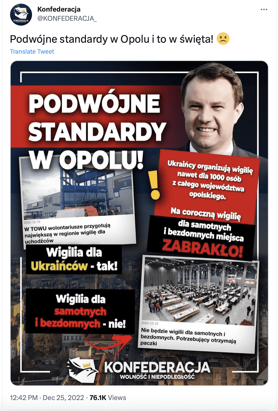 Zrzut ekranu z Twittera. Tweet Konfederacji wprowadza w błąd.
