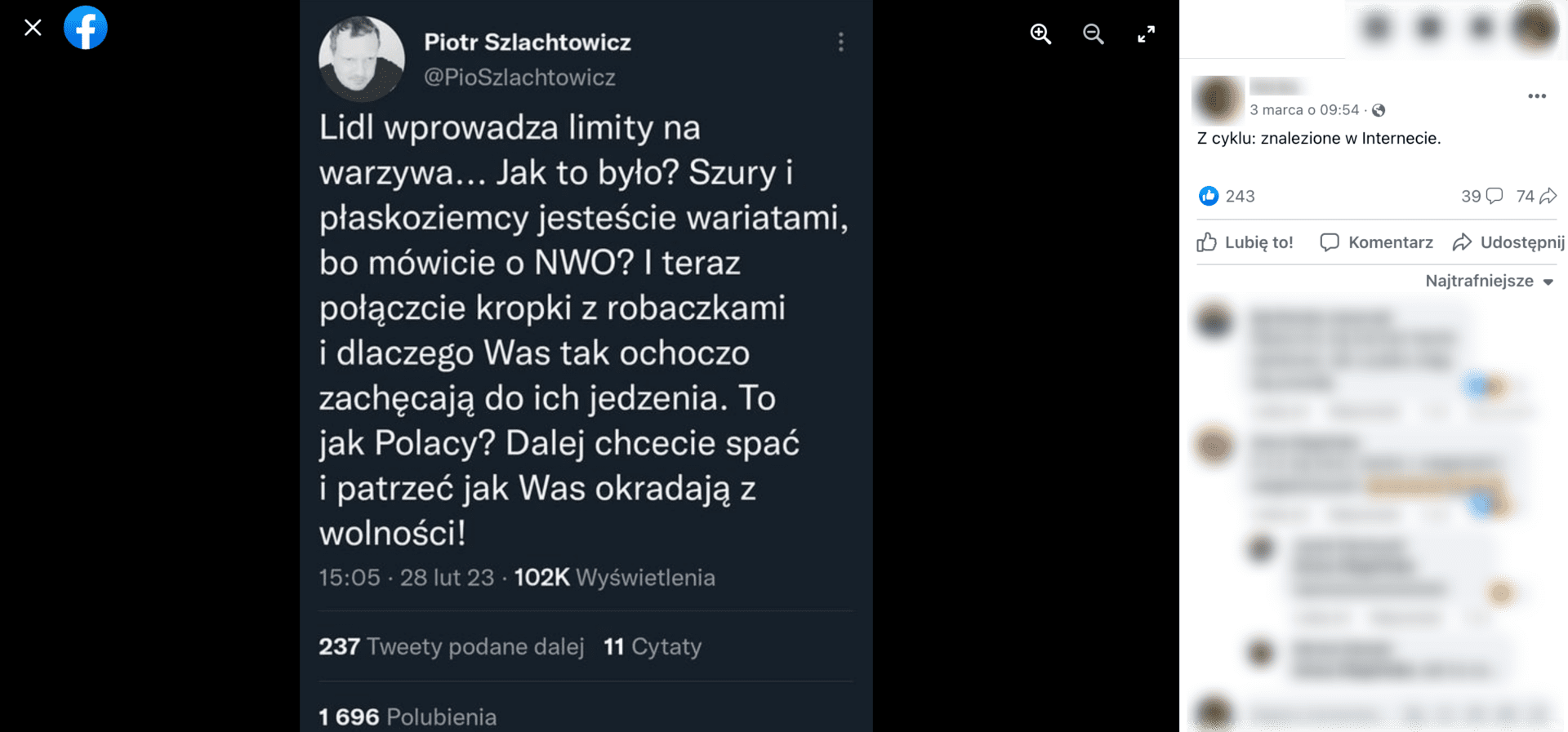 Zrzut ekranu posta na Facebooku na temat limitów zakupów wprowadzanych przez Lidl.