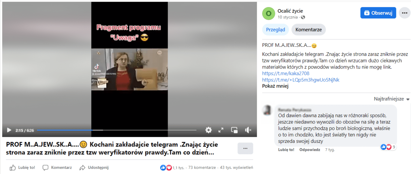 Zrzut ekranu z facebookowego profilu Ocalić życie. Liczba reakcji: 1,1 tys., liczba komentarzy: 73, liczba wyświetleń: 43 tys.