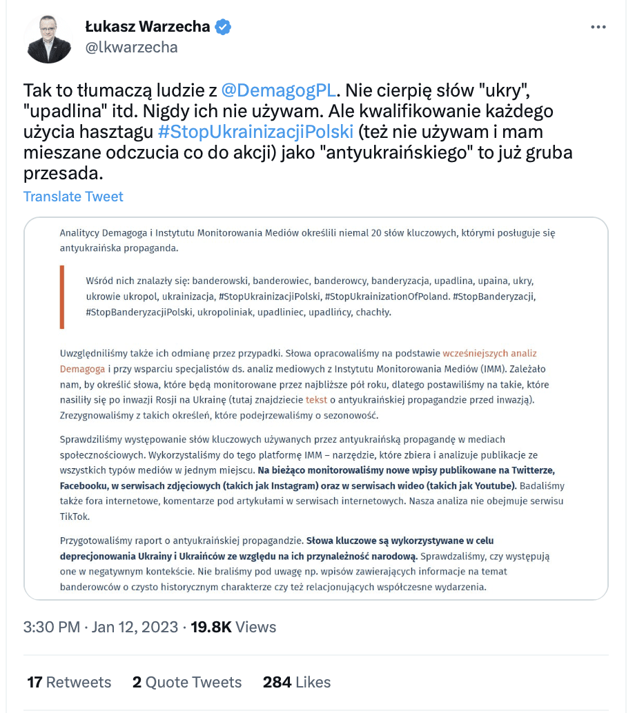 Zrzut ekranu z Twittera 