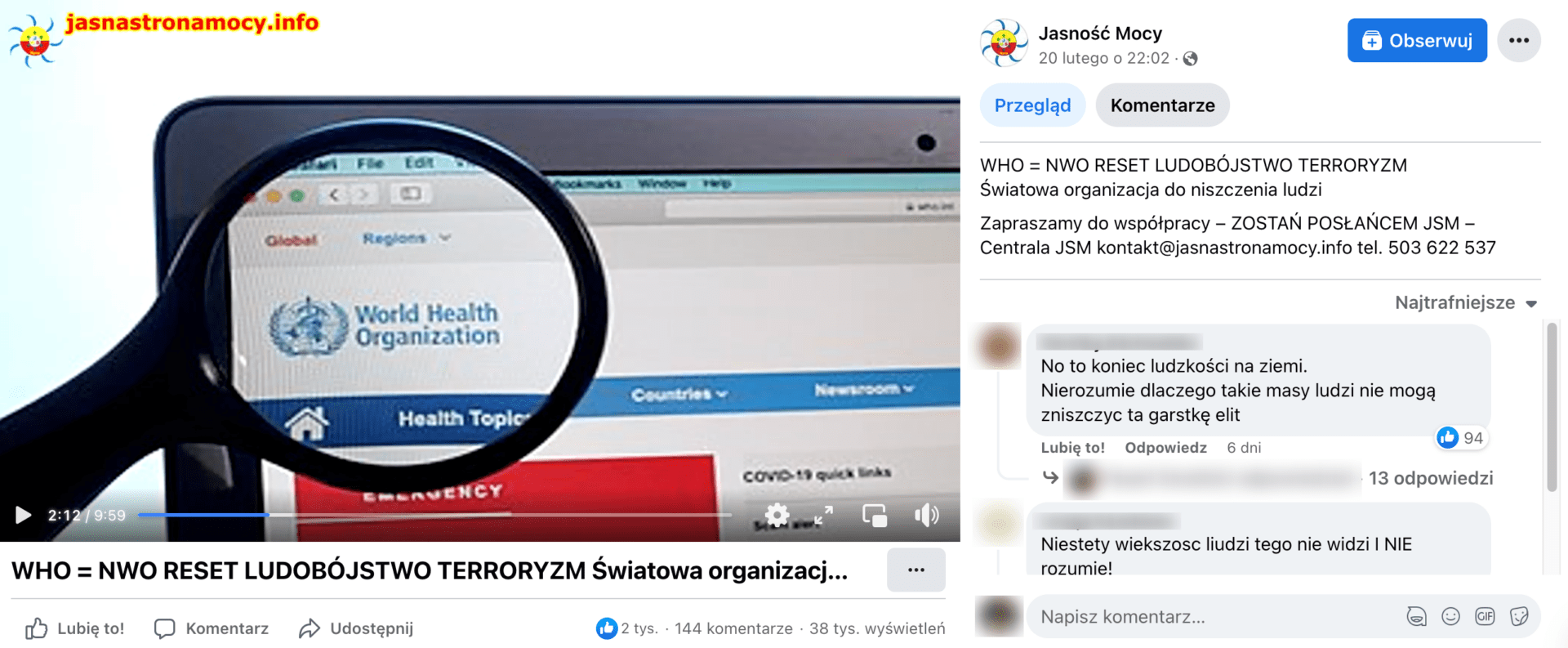 Zrzut ekranu posta, w którym zamieszczono omawiane nagranie. Widoczny jest ekran komputera z włączoną stroną internetową WHO.