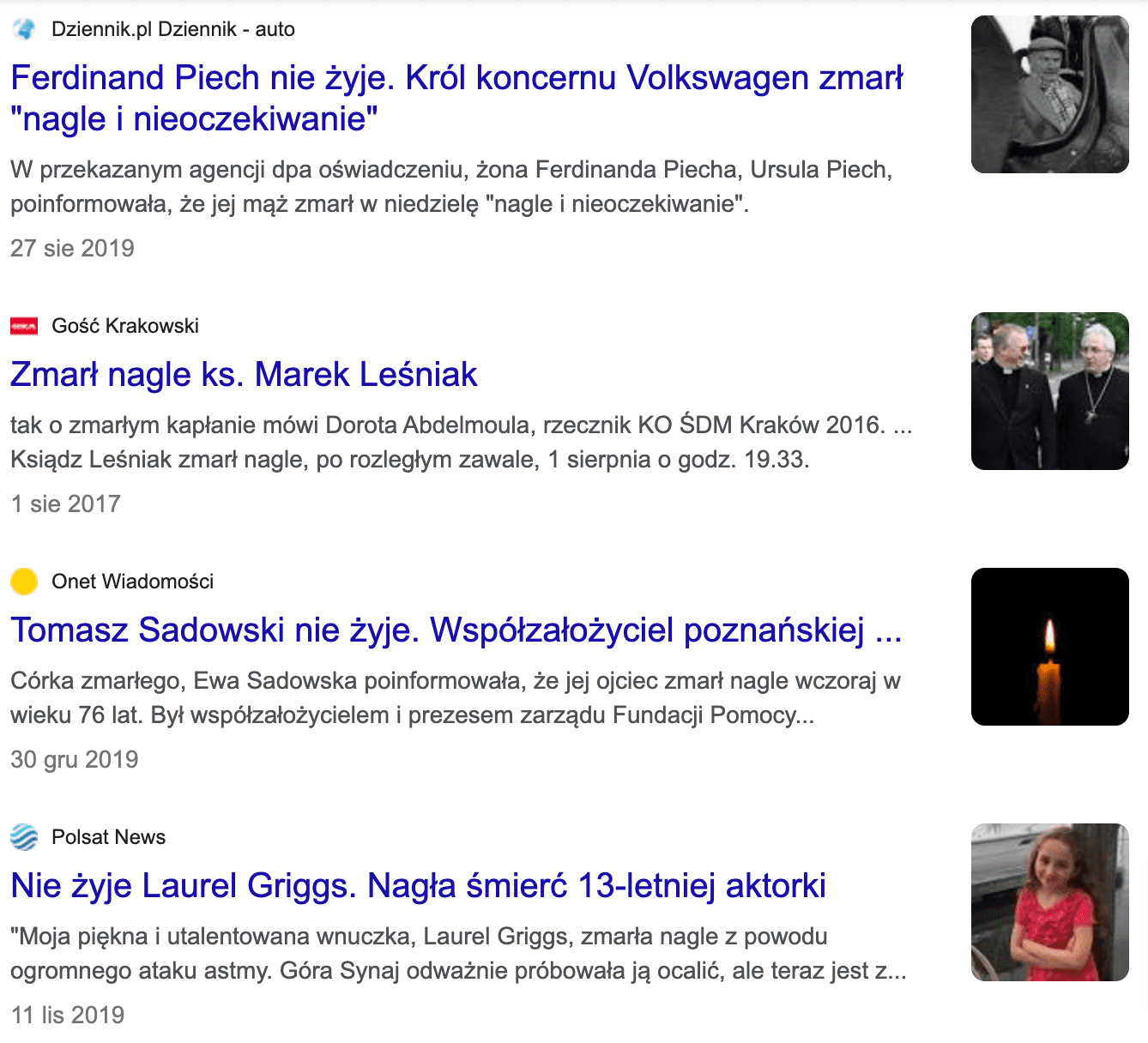 Wyniki wyszukiwania w Google frazy „zmarł nagle” z ustawionym zakresem wyszukiwania dla artykułów od 2015 do końca 2019 roku. Widoczne są informacje o nagłych zgonach osób w różnym wieku.