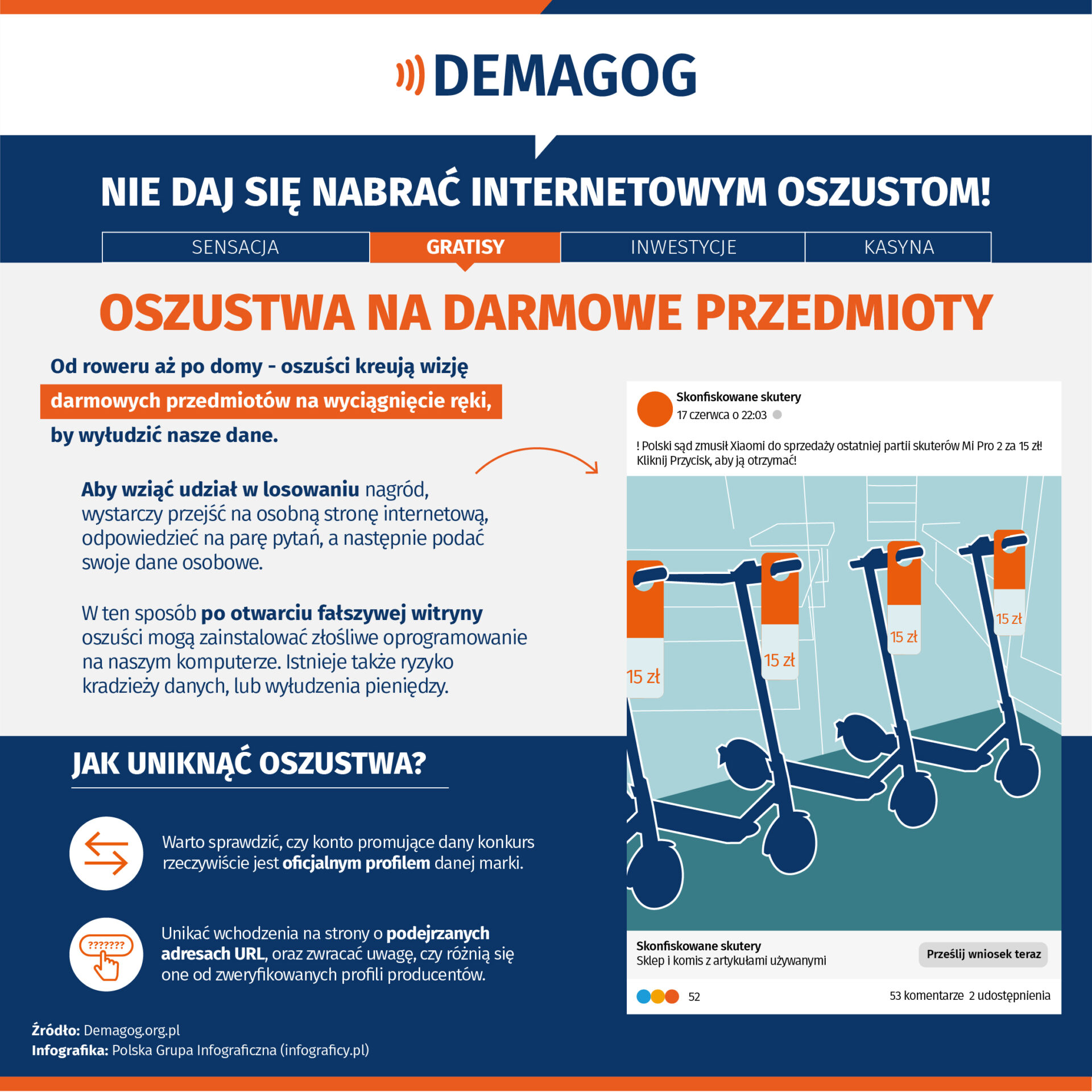 Infografika o oszustwach na darmowe przedmioty.